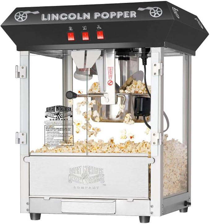 Lincoln 8 oz Popcorn Machine by Great Northern Popcorn, with Stainless Steel Kettle, Unpopped Kernel Tray, Warming Light, and Accessories, Black