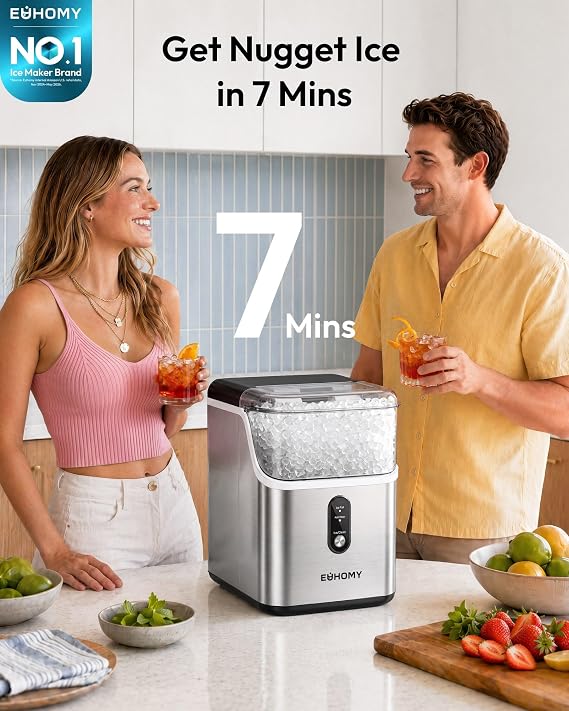 Nugget Ice Maker Countertop, Ready in 7 Mins, 35Lbs/24H Pebble Ice Maker Machine, Self-Cleaning Countertop Sonic Ice Makers with Ice Scoop&Basket, Pellet Ice Maker for Home, Stainless Steel