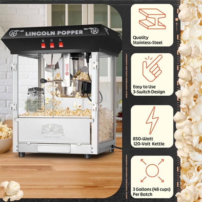 Lincoln 8 oz Popcorn Machine by Great Northern Popcorn, with Stainless Steel Kettle, Unpopped Kernel Tray, Warming Light, and Accessories, Black