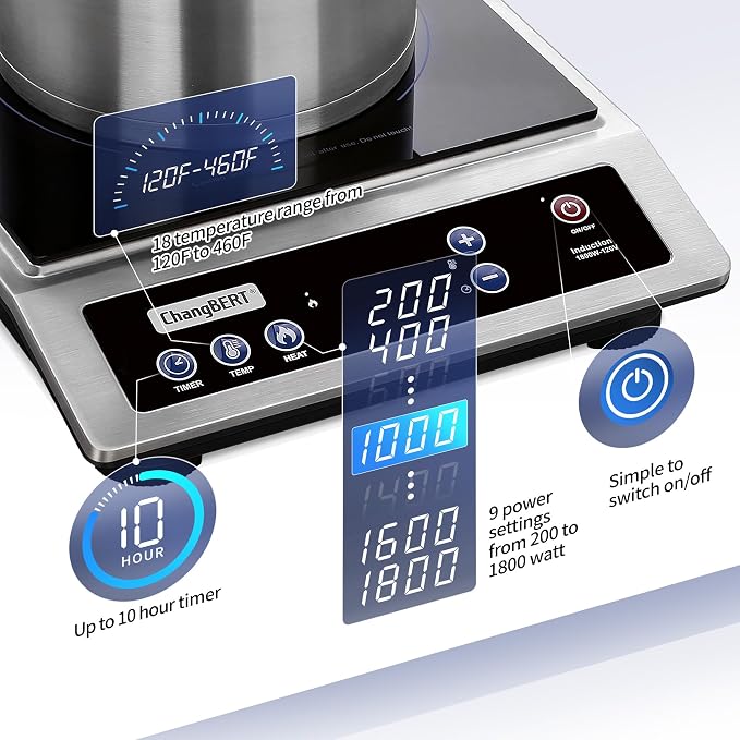 Induction Cooktop, Commercial Grade Portable Cooker, Large 8” Heating Coil, Premium Stainless Steel Countertop Burner with NSF Certified, 10 Hours Timer Powerful 1800W Professional Hot Plate