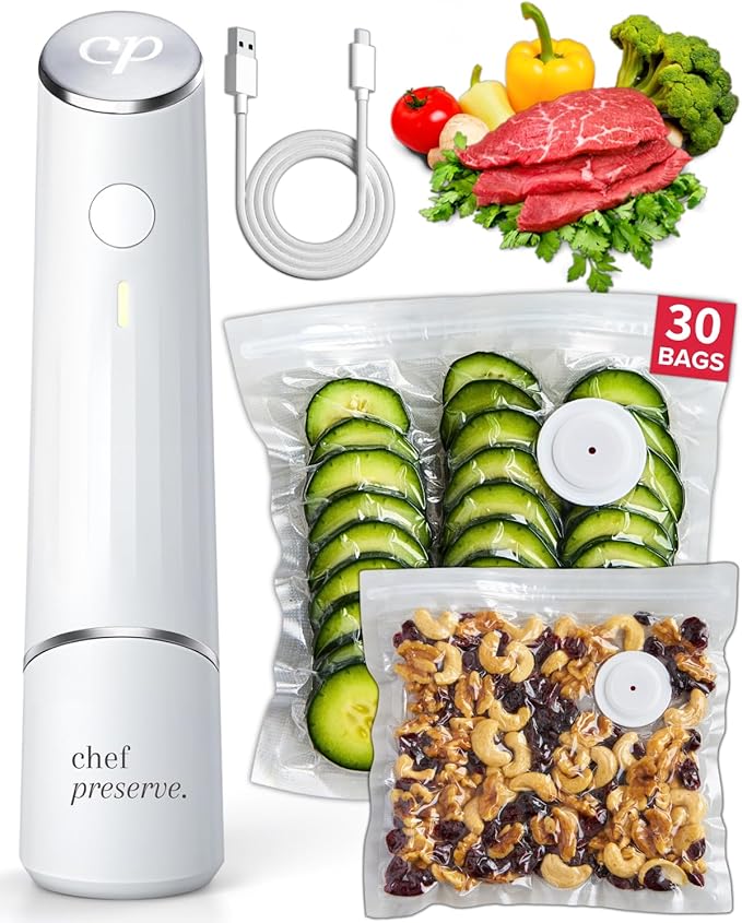 Compact Vacuum Sealer for Food (Vacuum Sealer Machine + 30 Reusable Vacuum Bags) Powerful Handheld Vacuum Sealer Machine, Seal Meal Saver, Portable Food Sealer