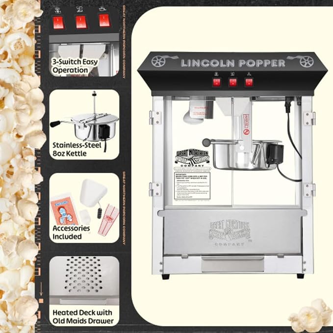 Lincoln 8 oz Popcorn Machine by Great Northern Popcorn, with Stainless Steel Kettle, Unpopped Kernel Tray, Warming Light, and Accessories, Black