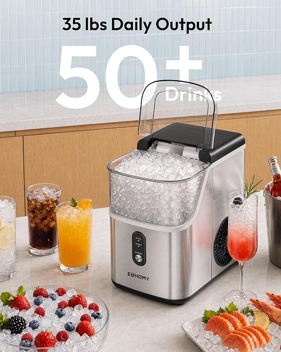 Nugget Ice Maker Countertop, Ready in 7 Mins, 35Lbs/24H Pebble Ice Maker Machine, Self-Cleaning Countertop Sonic Ice Makers with Ice Scoop&Basket, Pellet Ice Maker for Home, Stainless Steel