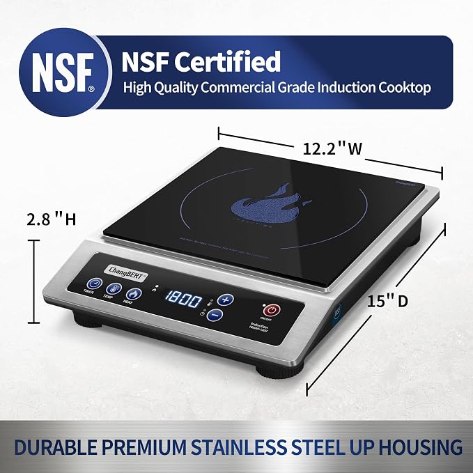 Induction Cooktop, Commercial Grade Portable Cooker, Large 8” Heating Coil, Premium Stainless Steel Countertop Burner with NSF Certified, 10 Hours Timer Powerful 1800W Professional Hot Plate