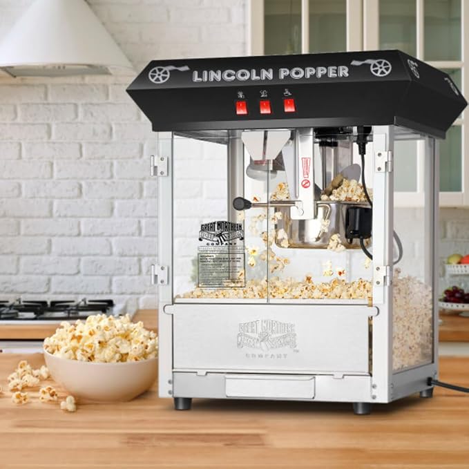 Lincoln 8 oz Popcorn Machine by Great Northern Popcorn, with Stainless Steel Kettle, Unpopped Kernel Tray, Warming Light, and Accessories, Black