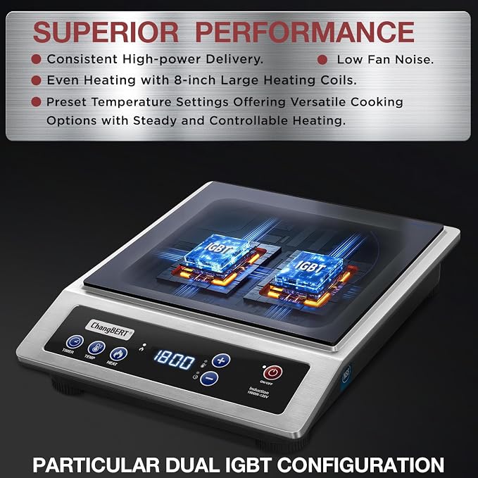 Induction Cooktop, Commercial Grade Portable Cooker, Large 8” Heating Coil, Premium Stainless Steel Countertop Burner with NSF Certified, 10 Hours Timer Powerful 1800W Professional Hot Plate