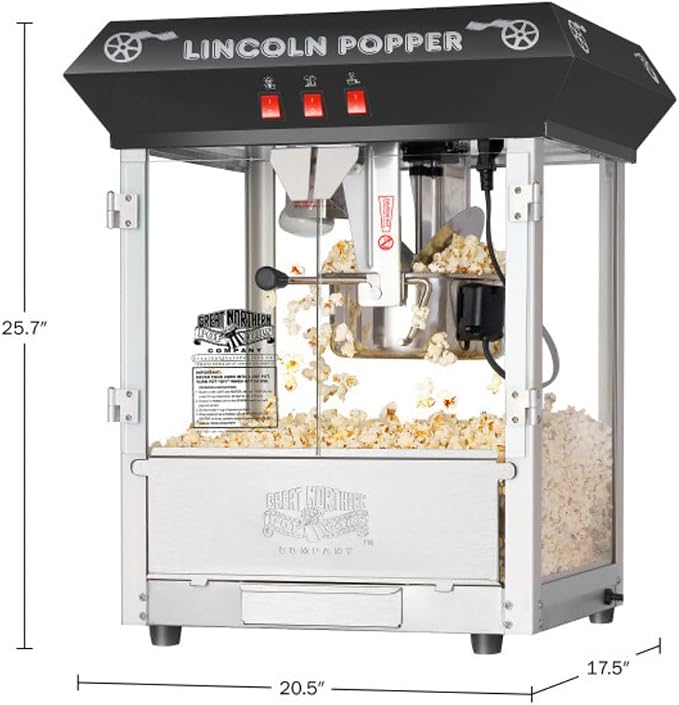 Lincoln 8 oz Popcorn Machine by Great Northern Popcorn, with Stainless Steel Kettle, Unpopped Kernel Tray, Warming Light, and Accessories, Black