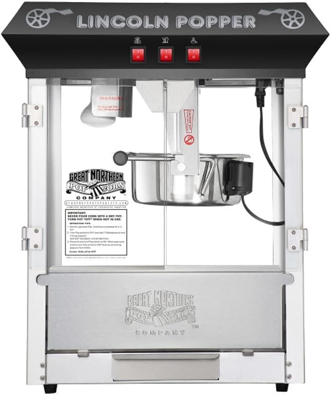 Lincoln 8 oz Popcorn Machine by Great Northern Popcorn, with Stainless Steel Kettle, Unpopped Kernel Tray, Warming Light, and Accessories, Black
