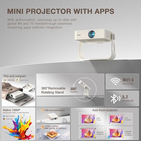 [Officially-Licensed App & Auto Focus]White Smart Mini Projector with WiFi and Bluetooth, XuanPad 4K Support Movie Projector, Portable Native 1080P Outdoor Projector with 360° Stand