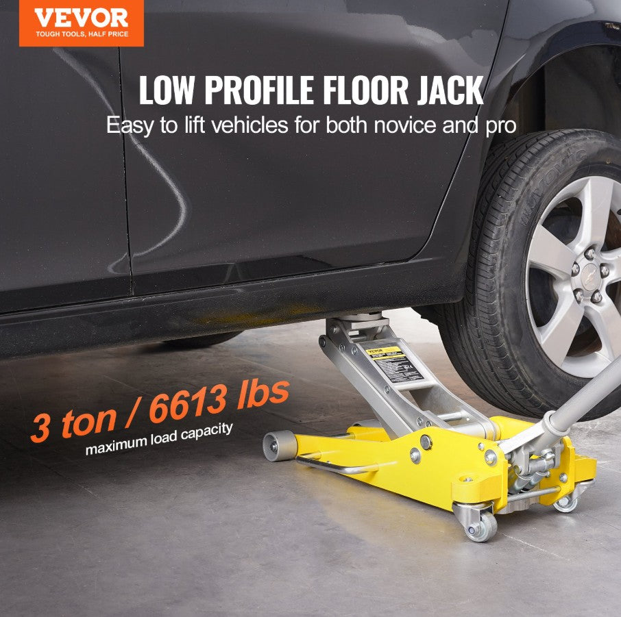 Vevor Low Profile Floor Jack 3 Ton Heavy Duty Aluminum 3.7"–18.3" Lift Range Dual Piston New