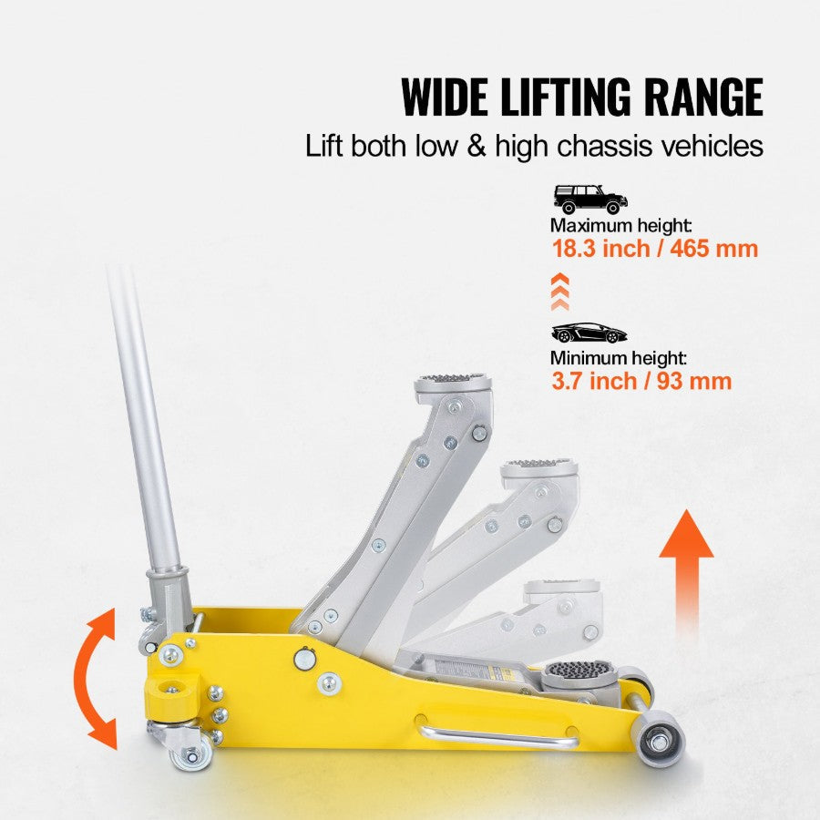 Vevor Low Profile Floor Jack 3 Ton Heavy Duty Aluminum 3.7"–18.3" Lift Range Dual Piston New