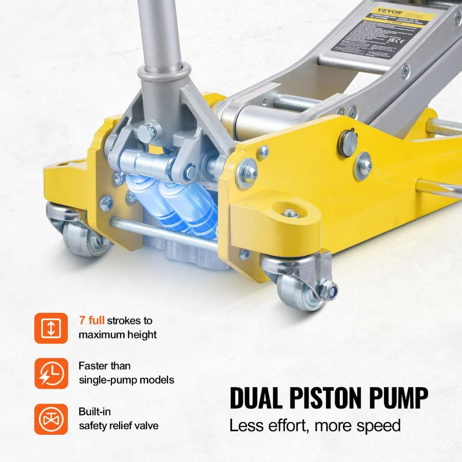 Vevor Low Profile Floor Jack 3 Ton Heavy Duty Aluminum 3.7"–18.3" Lift Range Dual Piston New