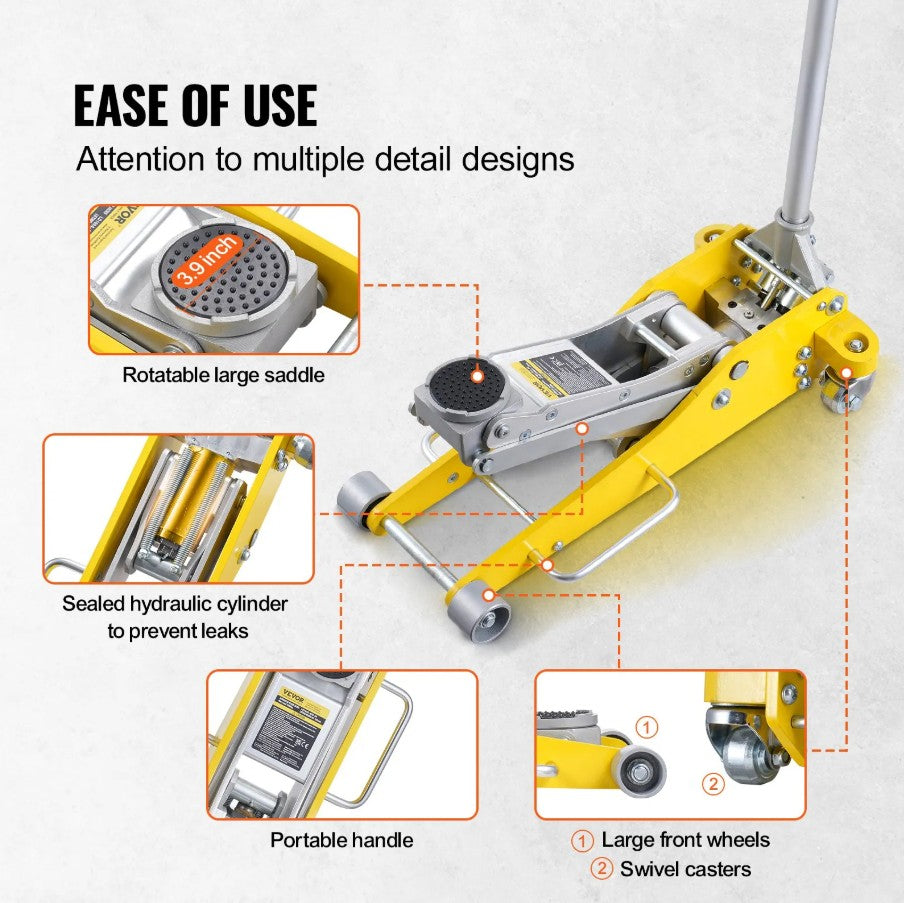 Vevor Low Profile Floor Jack 3 Ton Heavy Duty Aluminum 3.7"–18.3" Lift Range Dual Piston New