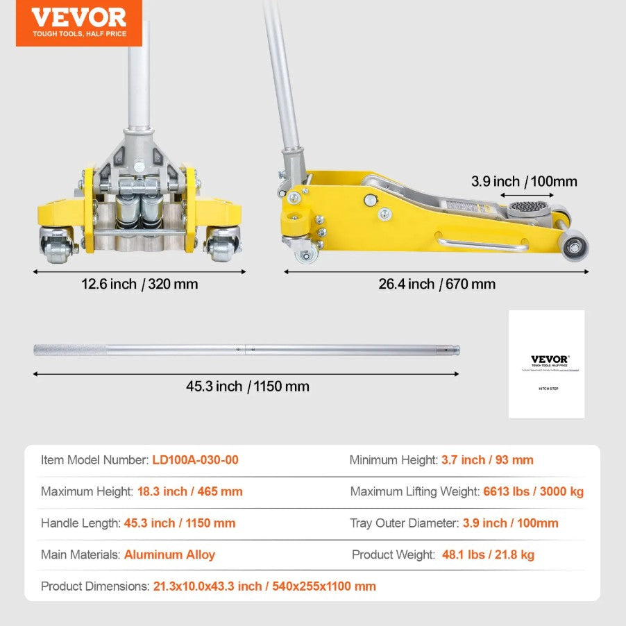 Vevor Low Profile Floor Jack 3 Ton Heavy Duty Aluminum 3.7"–18.3" Lift Range Dual Piston New