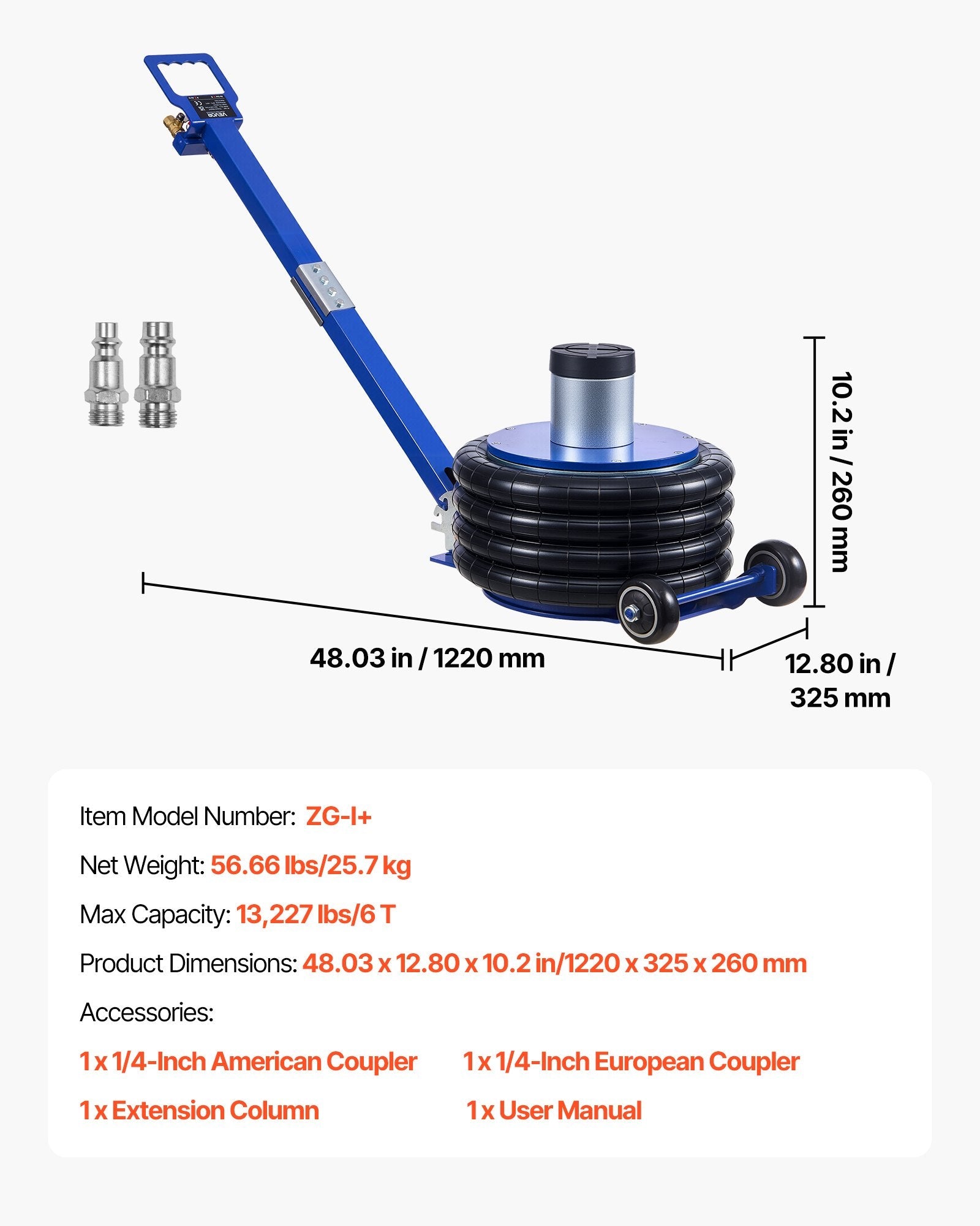 Vevor Air Jack 6 Ton 6.7-26.5 in. Lift Range with Extension Column New