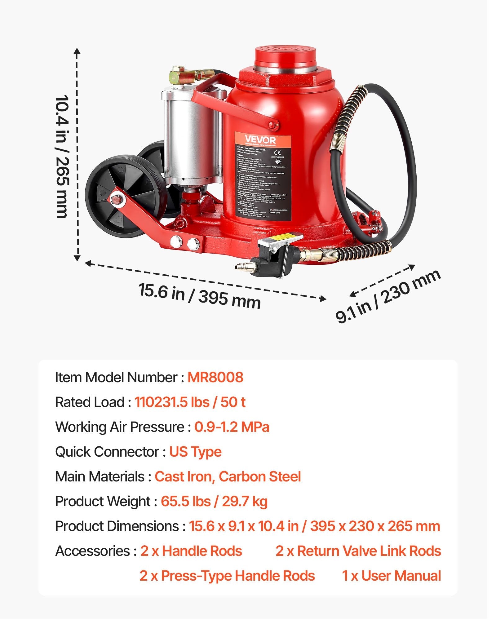 Vevor Air Hydraulic Bottle Jack 50 Ton Capacity 10.4-16.1 in. Lift Range Pneumatic/Manual New
