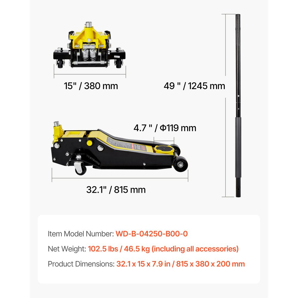 Vevor Low Profile Floor Jack 4 Ton 3.9-21.5 in. Quick Lift with Dual Pistons New