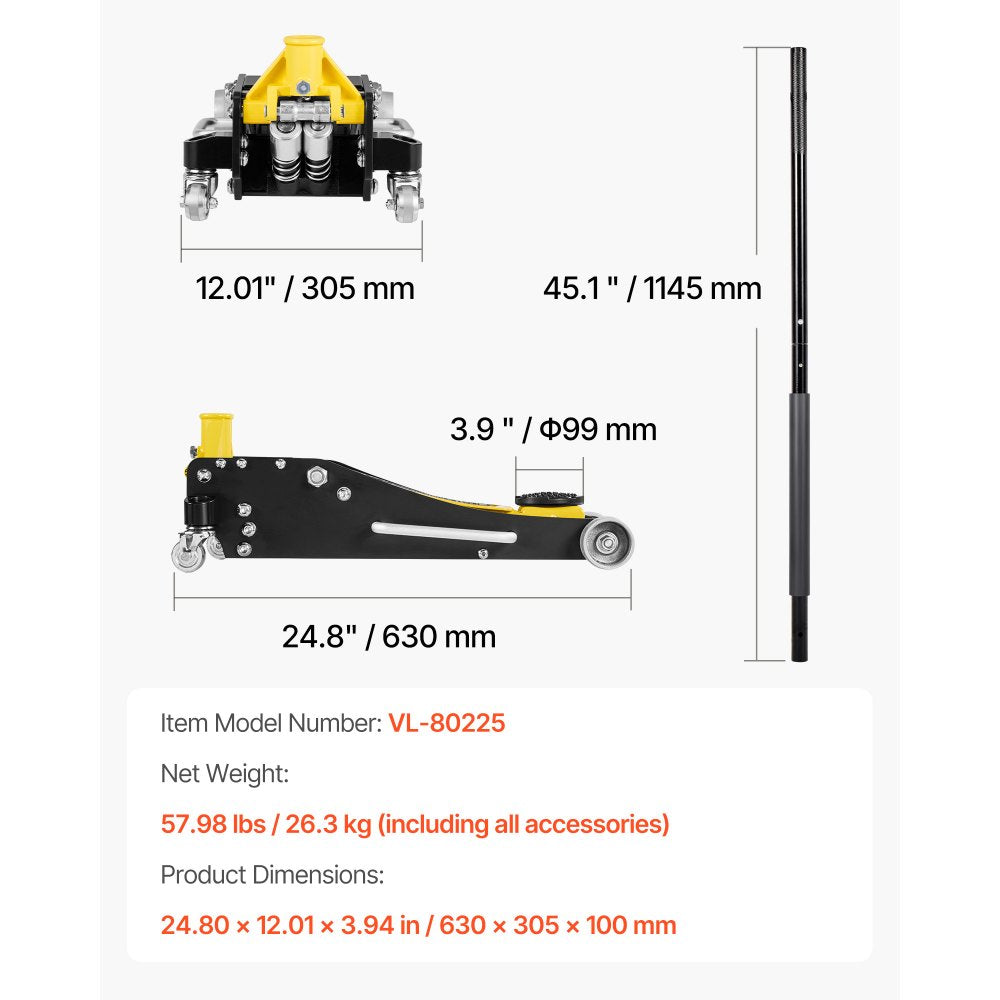 Vevor Low Profile Floor Jack 2.5 Ton 3.74-18.7 in. Lift Range with Dual Pistons Quick Lift Pump New