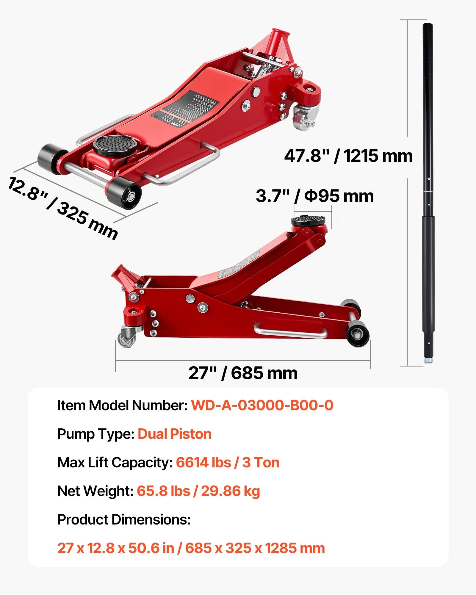 Vevor Low Profile Floor Jack 3 Ton Capacity with Dual Pistons 3.3-20.3 in. Lift Range New
