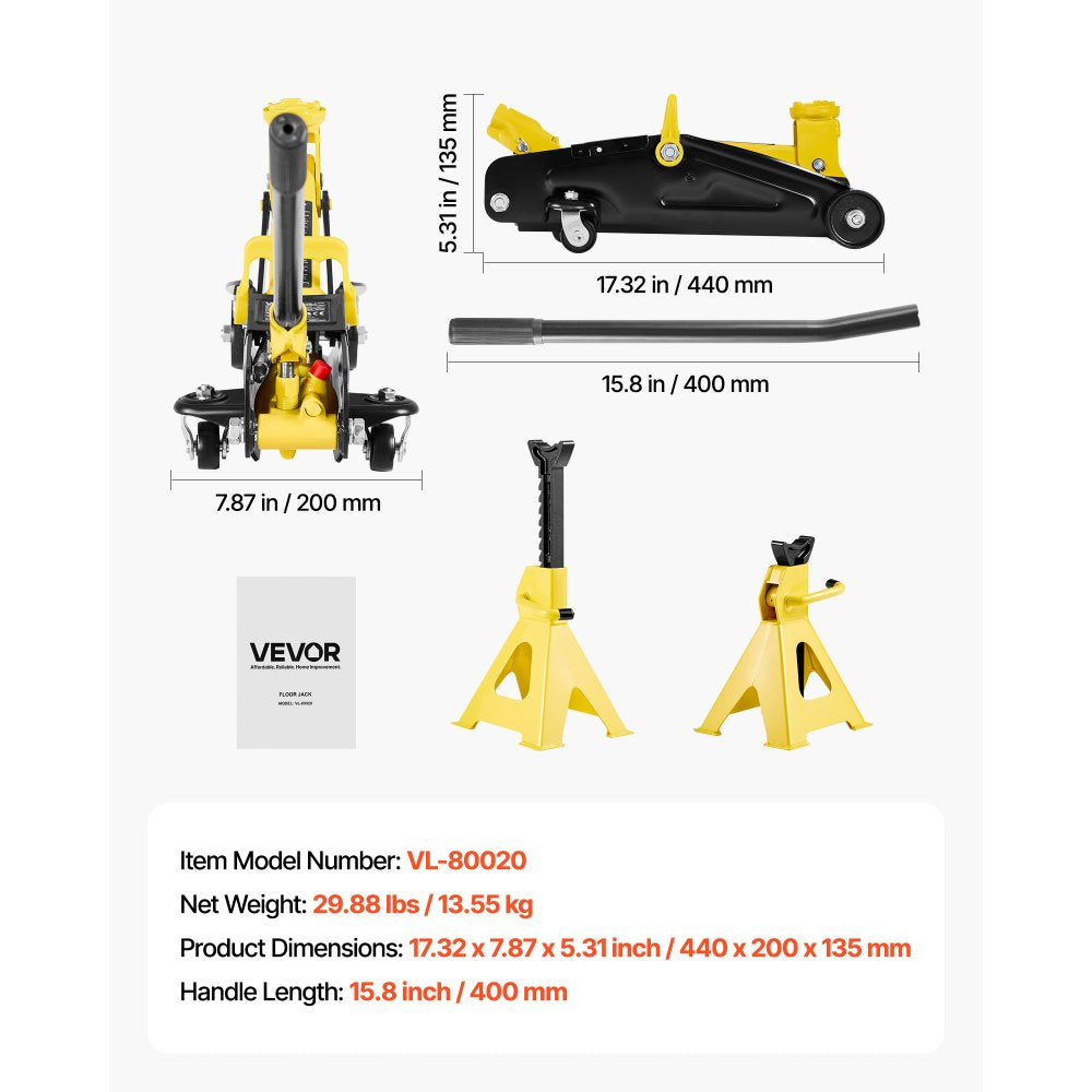 Vevor Floor Jack 2 Ton Low Profile Hydraulic Racing Jack with Stands New