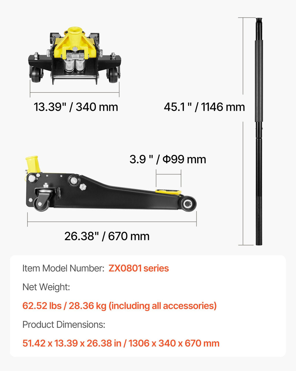 Vevor Low Profile Floor Jack 2 Ton 2.95-19.9 in. Lift Range with Dual Pistons Quick Lift Pump New