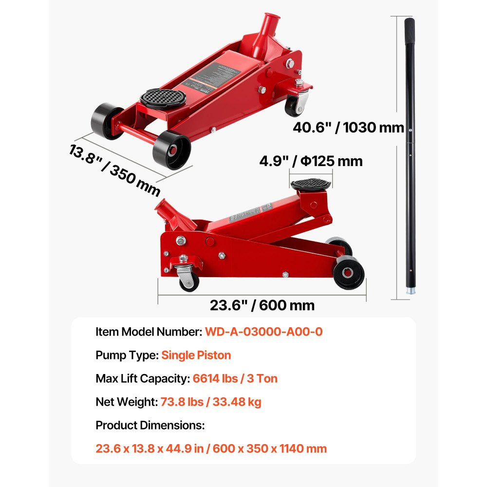 Vevor Low Profile Floor Jack 3 Ton Capacity Single Piston with 5.1- 19.7 in. Lifting Range New