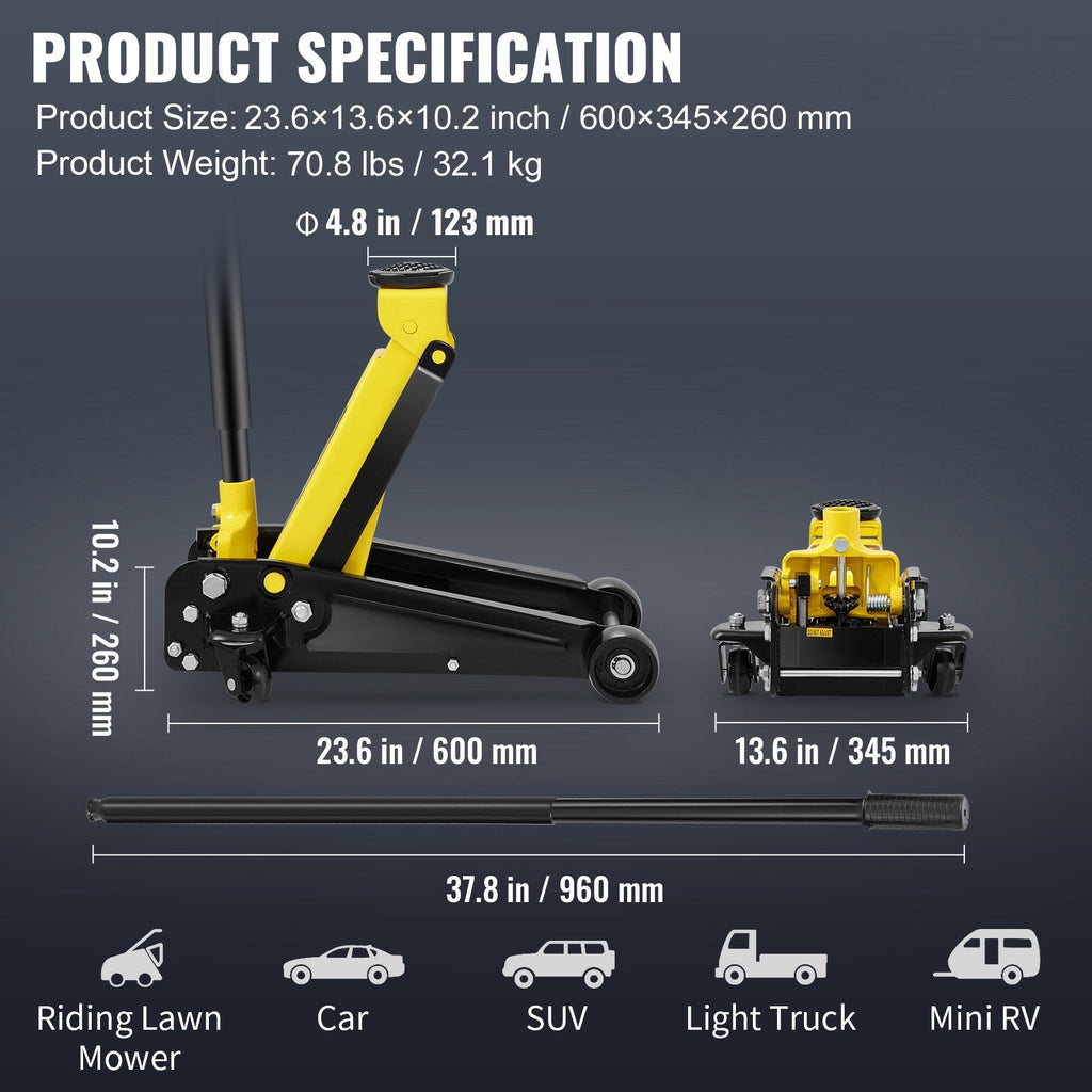 Vevor Hydraulic Floor Jack 3 Ton Steel Low Profile Single Piston New