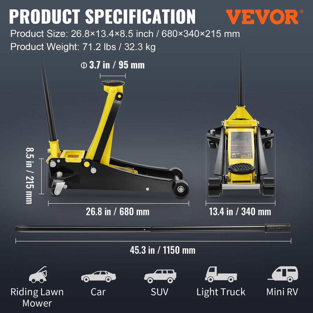Vevor Hydraulic Floor Jack 2.5 Ton Steel Low Profile Dual Piston Rapid Pump New