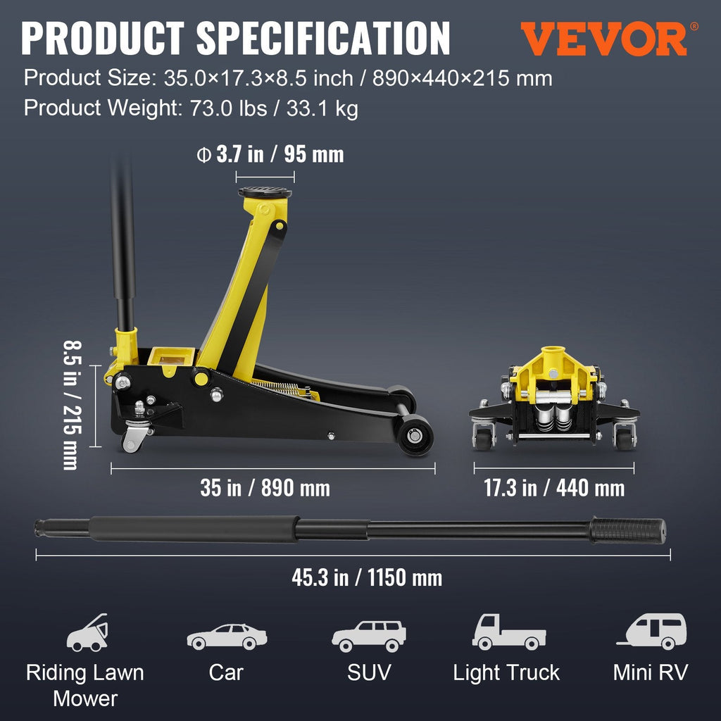 Vevor Floor Jack 3-Ton Low Profile with Dual Pistons 3"-19.5" Lift Range New